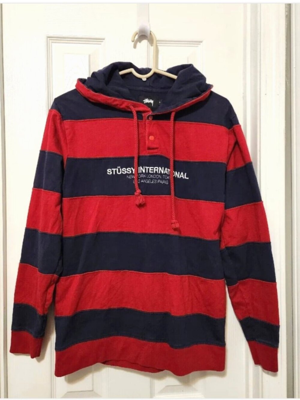 Vtg Stussy International Hooded Long Sleeve Striped Pullover 1/4 Snap Shirt